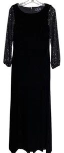 Alex Evenings Dress Gown Womens Size 8 Black Velvet Velour Stretch Sequin Sleeve - Picture 1 of 5