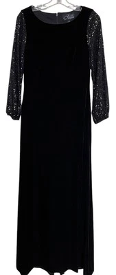 Alex Evenings Dress Gown Womens Size 8 Black Velvet Velour Stretch Sequin Sleeve - Image 1 of 4