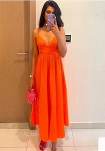 VESTIDO ZARA MUJER MIDI FLUIDO HALTER NUEVO Color Naranja Talla L 3093/796 - Imagen 1 de 9