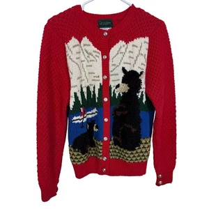 Vintage Sweater Bear, Dog, Moose Rosslee Cardigan Mountain Scene Red Knit Medium - Picture 1 of 7