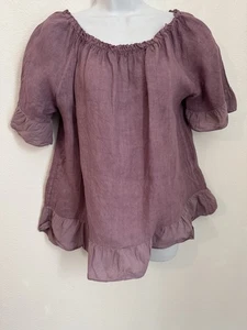 terzo millennio Leinen Bluse Rüschen Lila Kurzarm M Boho Lagonlook EUC - Bild 1 von 6