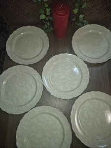 SCHÖNE Home Salatteller (6) 8-3/4" hellbraun gefiederte Schnörkel auf weißen Tellern - Bild 1 von 6