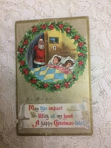1910 Vintage Christmas Postcard "Santa looking in on 2 Sleeping Kids" - Picture 1 of 7