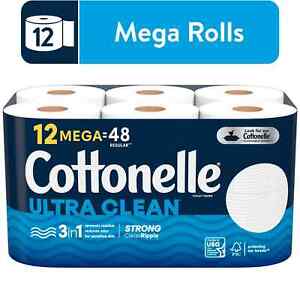 Cottonelle Ultra Clean Toilet Paper, Strong Toilet Tissue, 12 Mega Rolls.