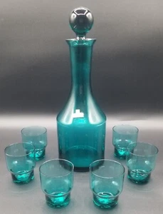 MCM Vintage Teal Continental Crystal Decanter Set & (6) 2 Oz. Glasses Barware - Picture 1 of 7