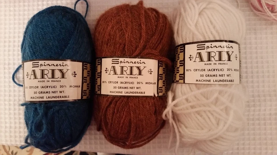 Spinnerin Arly France Acrylic/Mohair blue, white, and brown 3 50 gram balls! - Image 1 of 2
