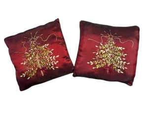 Christmas Tree Embroidered Decorative Throw Pillows Silk 14.5" Square Set of 2 - Picture 1 of 8