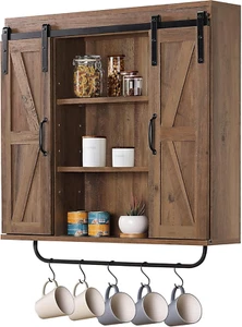 Rustic Wood Wall Storage Cabinet with Two Sliding Barn Door, 3-Tier Decorative F - Picture 1 of 7
