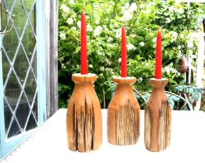 Vintage Live Edge Wooden Hand Turned Candle Holders Rustic 3-MCM - Picture 1 of 16