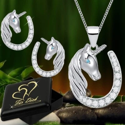 Hufeisen Einhorn Anhänger Kette Ohrringe 925 Silber Set Pferd Zirkonia Kinder - Bild 1 von 4