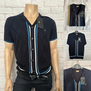 Gabicci Vintage "Ross" Short Sleeve Knitted Polo, Navy/Aqua, Medium, BNWT - Picture 1 of 7