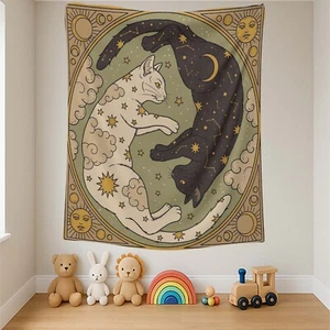Kosmischer Katzen Wandteppich, Himmlische Katze Kunst, Mond und Sonne Dekor, Mystische Katze Wand - Bild 1 von 9