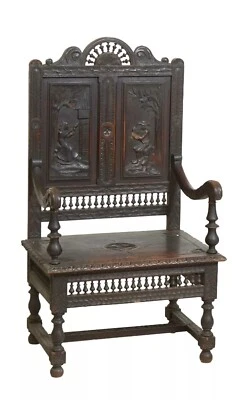 Antique Armchair,  French Breton, Carved Oak,  Spindled Crest, L. 19th C., 1800s - Image 1 of 4