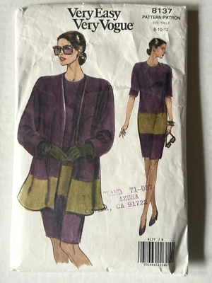 Very Easy Vogue Sewing Pattern 8137 Misses Jacket / Dress Sz 8 - 12 Cut Vtg 1991 - Image 1 of 4