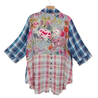 Túnica Serena Soft Surroundings para mujer 1X azul a cuadros floral manga 3/4 bordado Foto 1 de 4
