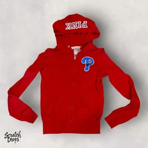 Victoria Secret Pink Hoodie Vtg Y2K Women XS Red Blue Logo Pullover Sweatshirt - Picture 1 of 4