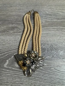 Vintage Statement Halskette geflochtenes Seil Kette Strass Metall Blumen Bin C - Bild 1 von 4