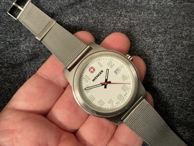 Men's WENGER Swiss Watch #0441.00 White Dial Black Leather WR 100M New Battery - Image 1 of 4