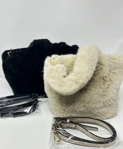 Lot of 2 Faux Fur Hobo Shoulder Bags Black & Beige – NWOT w/ Straps - Picture 1 of 10