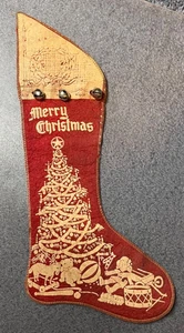 VTG Antique 1930s 1940s 1950s Red Felt Christmas Stocking Stenciled 19" Bells - Picture 1 of 2