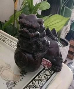 Chinese Yin Foo Dogs Lion Figure Hand Carved Wood Set Of 2 Vtg Shelf Home Decor - Picture 1 of 9