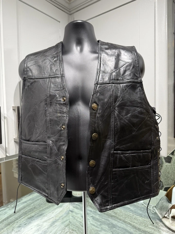 Chaleco de Cuero Negro Vintage Buffalo Níquel Botones Premium Motociclista Chaleco de Equitación M Foto 1 de 4