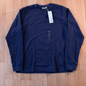 Uniqlo AIRism Cotton Crew Neck T-Shirt Long Sleeve Navy Blue Mens Medium NWT - Picture 1 of 6