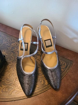 Новый винтажный Nina Серебряный металлический хромые каблуки Slingbacks Sz 11N новый из старых запасов - Изображение 1 из 4