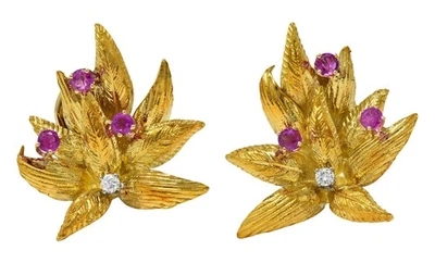 Brincos vintage Tiffany & Co. meados do século diamante rubi platina folha de ouro 18K - Imagem 1 de 4