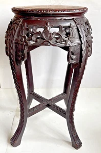 Antigua-MESA/SOPORTE/TABORET CHINO TALLADO MADERA DE TECA 24", INSERCIÓN DE MÁRMOL-¡Belleza! - Imagen 1 de 10