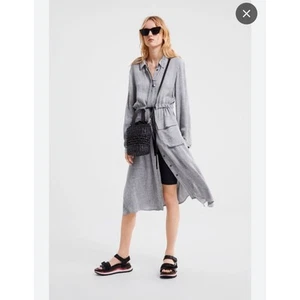Zara Shirt Dress Womens sz M Medium Gray Grey Midi Drawstring Long Sleeved - Picture 1 of 7