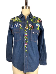 Camicia denim El Cisne anni 70 personalizzata ricamata MOP a scatto taglia S/M unisex - Foto 1 di 12