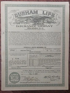 1922 DURHAM LIFE INSURANCE POLICY RALIEGH ..... Vintage Insurance Policy - Bild 1 von 5
