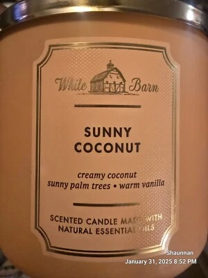 NEW BATH & BODY WORKS 3 WICK LARGE CANDLE (SUNNY COCONUT) WHITE BARN 14.5 OZ 💝 - Image 1 of 3