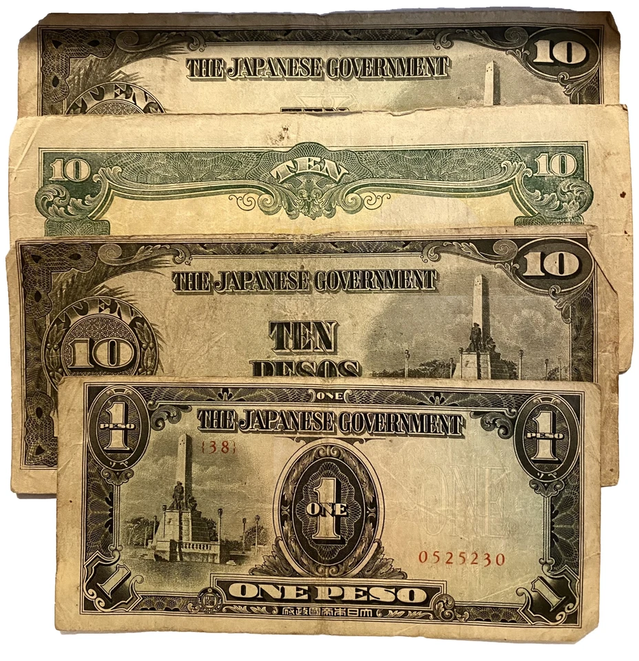 Numismatics Collectible Japanese Government Paper Pesos Banknotes Three 10 One 1 - Image 1 of 4