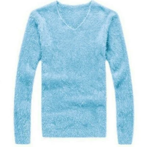 Men Faux Mohair Sweater Jumper Pullover Tops V Neck Fluffy Knitwear Winter Solid - Picture 1 of 19