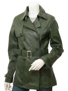 Women's Real Lambskin Leather Trench Coat GreenDouble Breasted Winter Wear Coat - Picture 1 of 10