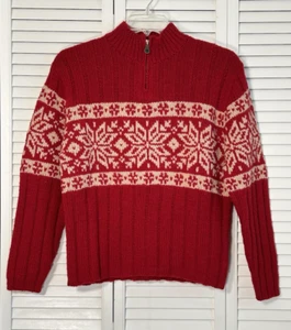 Vintage 90s Lands End Women's Sweater 100% Wool Fair Isle 1/4 Zip Small Red Tan - Picture 1 of 11