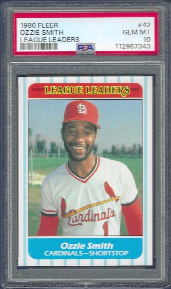 1986 Fleer League Leaders Ozzie Smith # 42 PSA 10 Gem Mint Cardinals HOF - Image 1 of 1