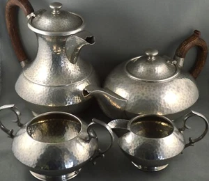 Antique Hal o' England John Turton Sheffield Hammered Pewter Tea Coffee Set - Picture 1 of 17