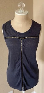 VINCE WOMENS Ladder Stitch Cutout Lacework Linen Tunic Tank Top XS Cadet - Picture 1 of 7