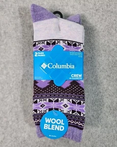 Columbia 2 Pair Crew Mi-Chaussettes Socks Womens Sz 4-10 Grey Purple Wool Blend - Picture 1 of 9