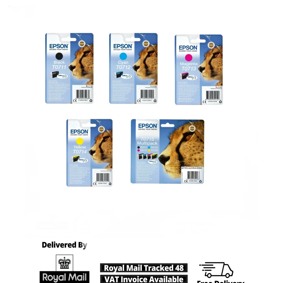 Cartucce di inchiostro ghepardo originali Epson T0711, T0712, T0713, T0714, T0715 per lotto - Immagine 1 di 1