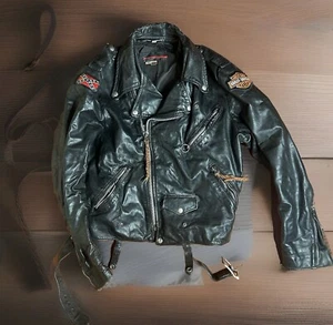 Vintage Brooks Black Leather Biker Motorcycle Jacket 44 Distressed Harley Patch - Picture 1 of 9