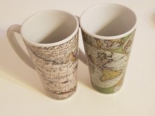 Vintage At Home 'Map of the World' Coffee/Latte Mugs 17 oz Pair 2 SHIPS SAME DAY