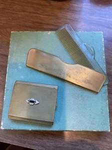 Vintage ZELL Ladies Powder Rouge Mirrored Make Up Compact Comb Holder Set Brass - Picture 1 of 12