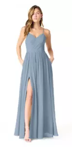 Abito formale Azazie Cora blu taglia A2 linea A chiffon spacco ballo damigella d'onore - Foto 1 di 14