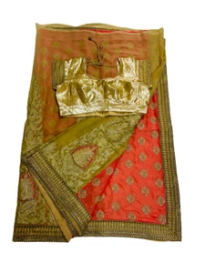 Saree Indian Traditional Women's Georgette Peach Golden Saree Used Sari Dress - Picture 1 of 10