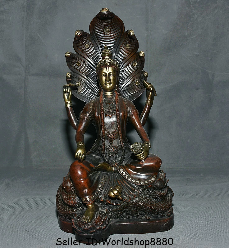 12" Old Tibet Buddhism Red Copper Gilt 5-Heads Snake Naga Kanya Buddha Statue - Image 1 of 4