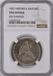 1853 Arrows & Rays Liberty Seated Silver Half Dollar 50C / NGC Fine Detail - Picture 1 of 2